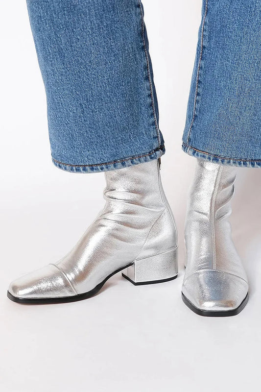 Metallic Silver Ankle Boots with Square Toe and Low Long Heel