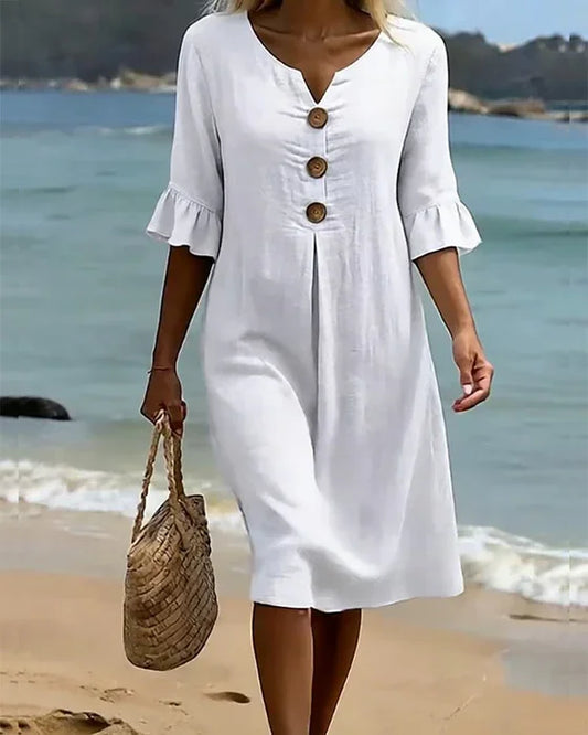 Vanesa | Linen Dress with Puffy Sleeves and Buttons