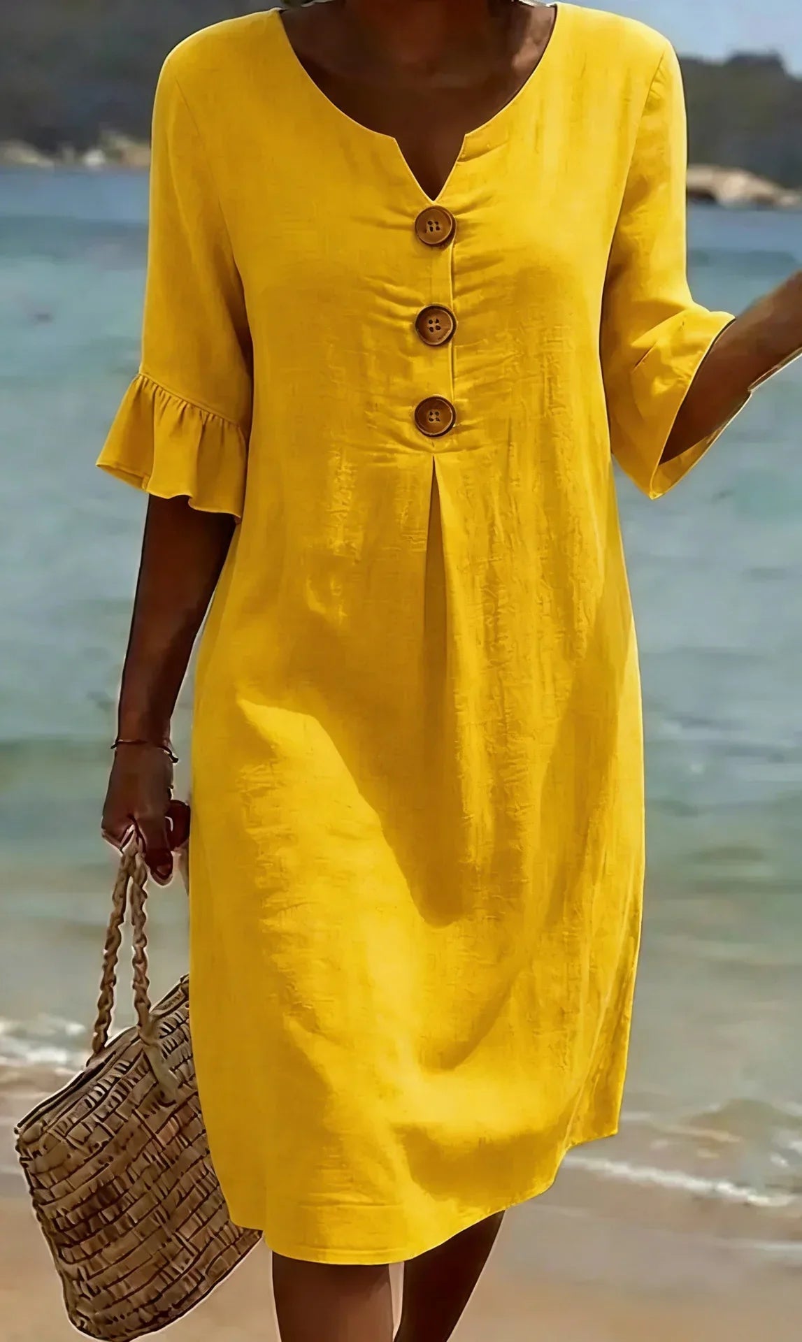 Vanesa | Linen Dress with Puffy Sleeves and Buttons