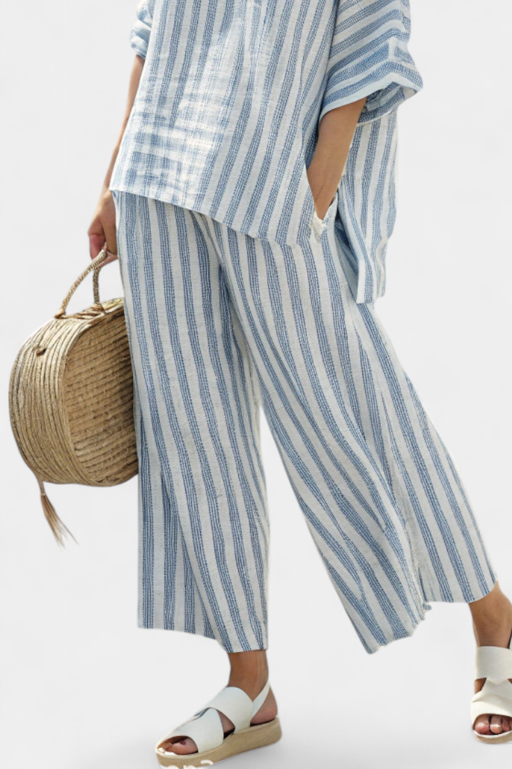 Federica | Sophisticated Blue Striped Linen Top and Relaxed Trousers Set