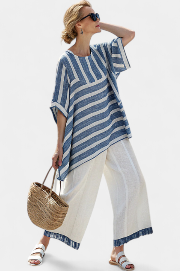 Ornella | Sophisticated Blue Striped Top and Hem-Detail Trousers Set