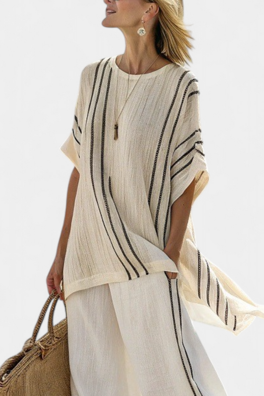 Raffaella | Ivory Linen Blouse and Striped Trousers Set