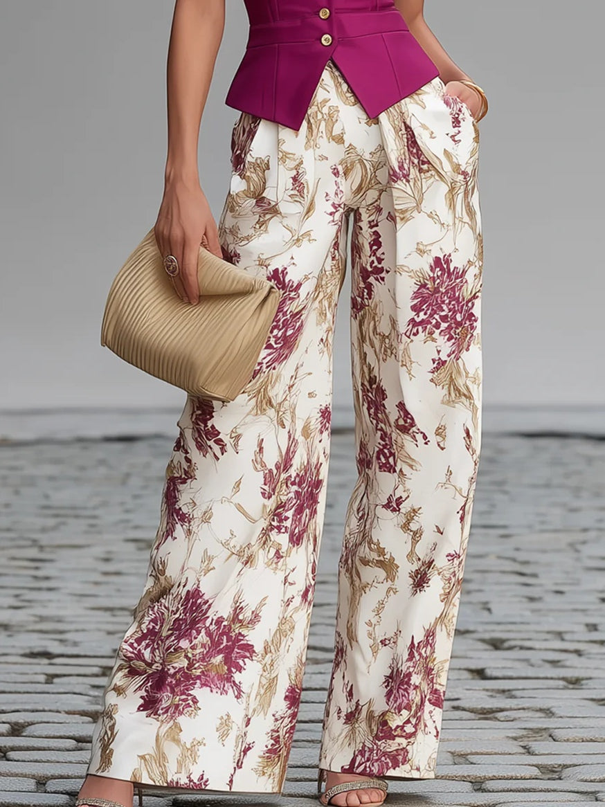 Floral Print Wide Leg Pants and Sleeveless Vest Set