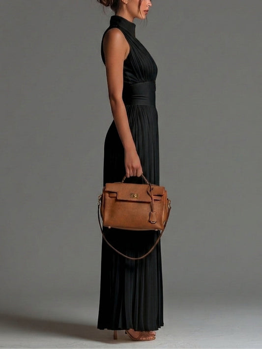 Vittoria · Black Chiffon Jumpsuit, V-Neck, Sleeveless, Zip, Pleated Wide-Leg Trousers