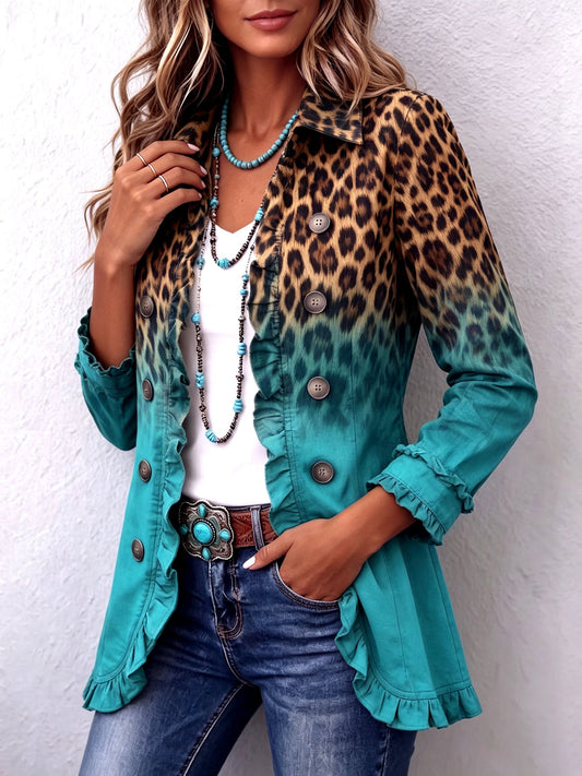 Béatrice | Ombré Leopard Print Blazer in Turquoise with Ruffle Trim