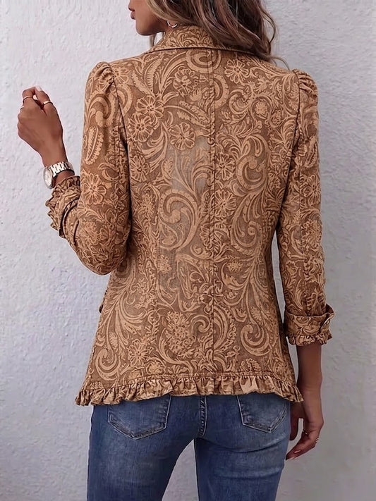 Noémie | Bohemian Vintage Floral Jacket in Brown with Ruffle Trim