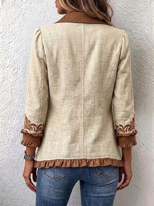 Octavie | Bohemian Vintage Floral Embroidered Jacket in Camel and Brown with Ruffle Trim