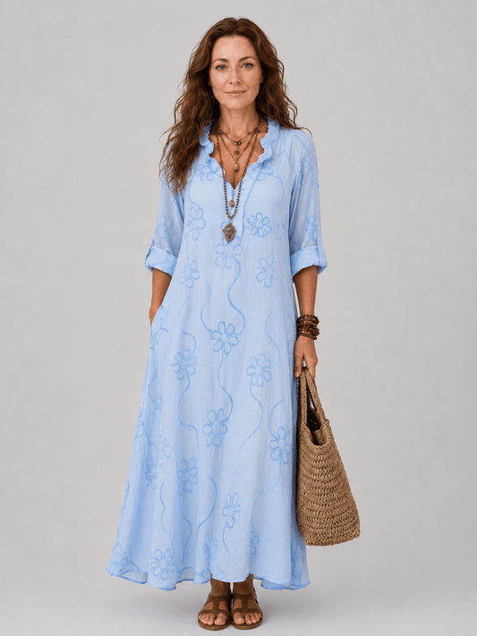 Sienna Floral Long Summer Dress - Light Blue