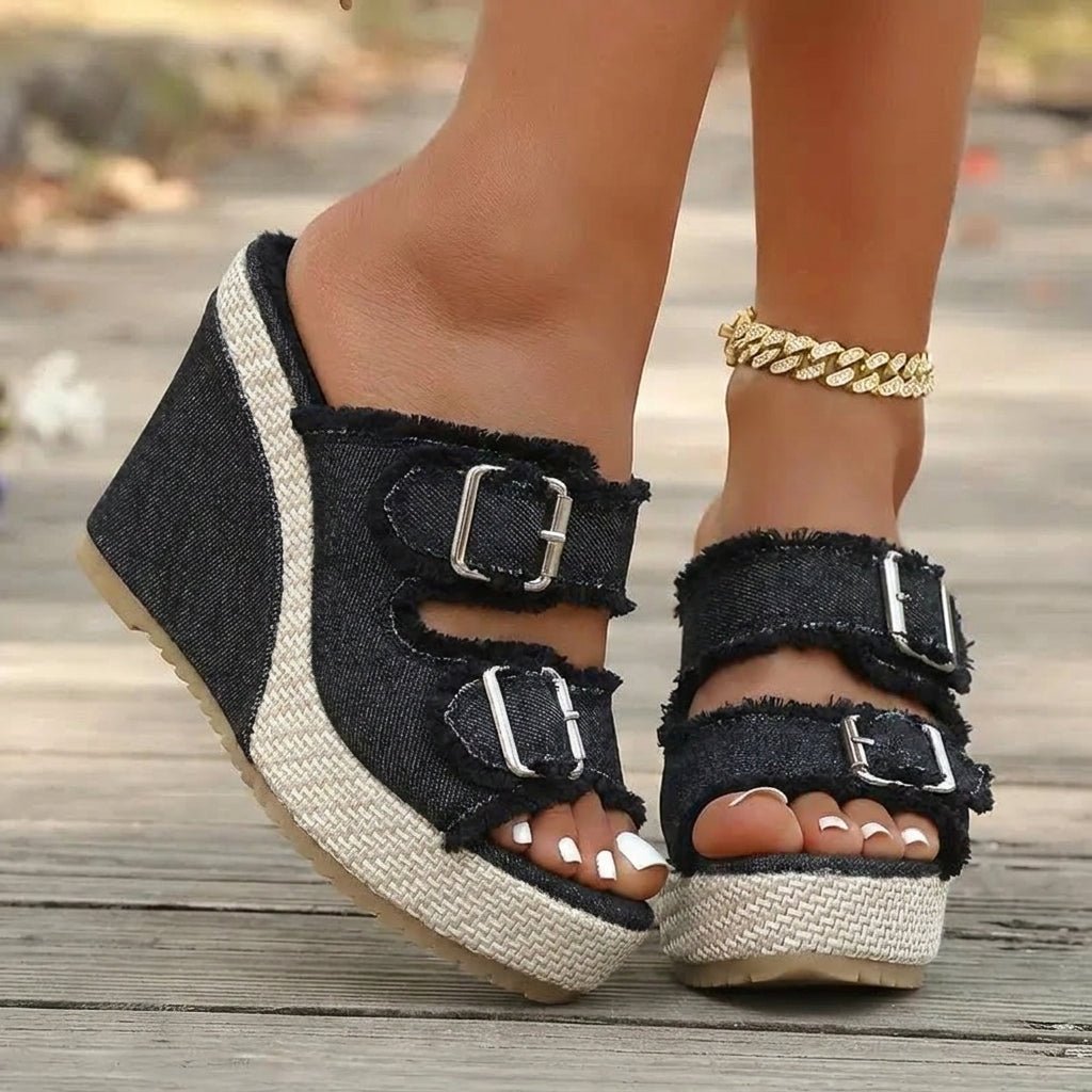 Zafira | Buckle Wedge Sandals with Denim Design
