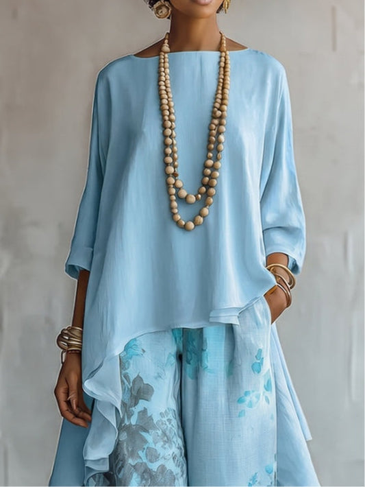 Isabella | Asymmetric Chiffon Top and Floral Print Wide-Leg Trousers Set