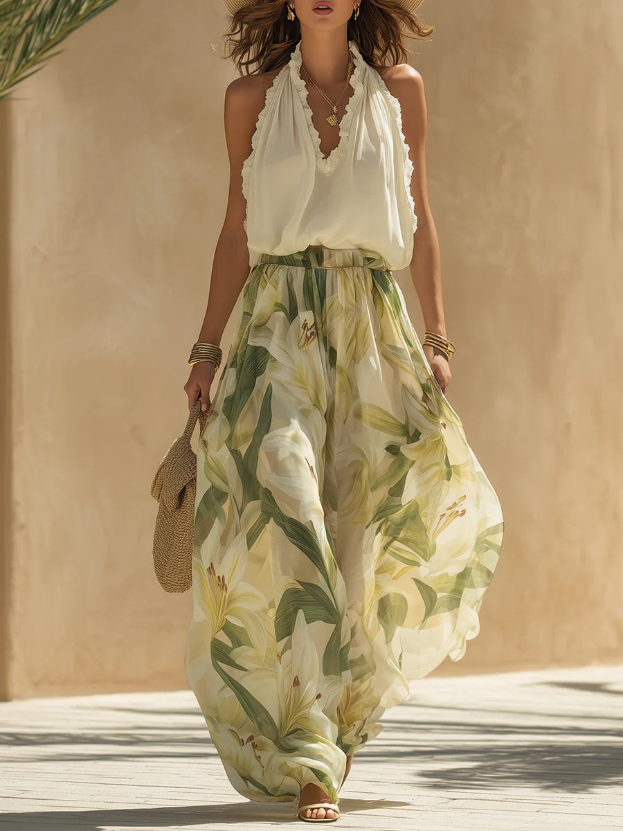 Lily Print Sleeveless Top and Pants Set