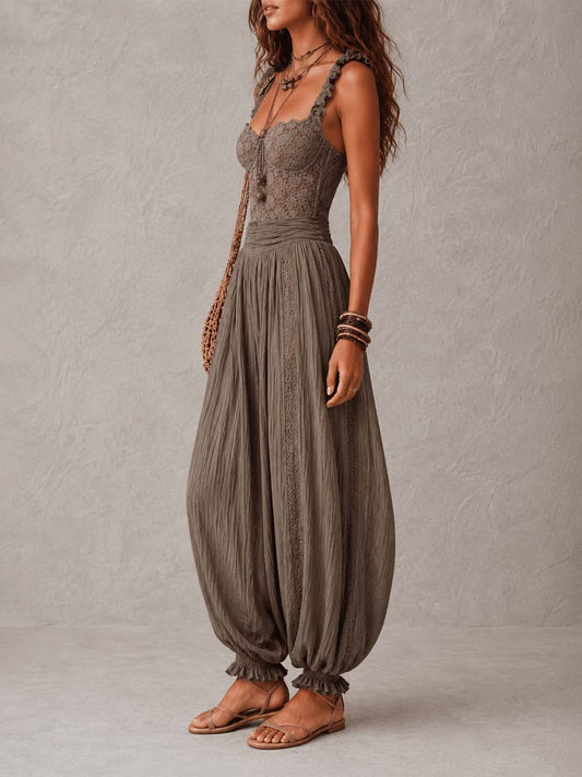 Nieves | Grey Lace Bandeau & Pleated Cotton Harem Trouser Set