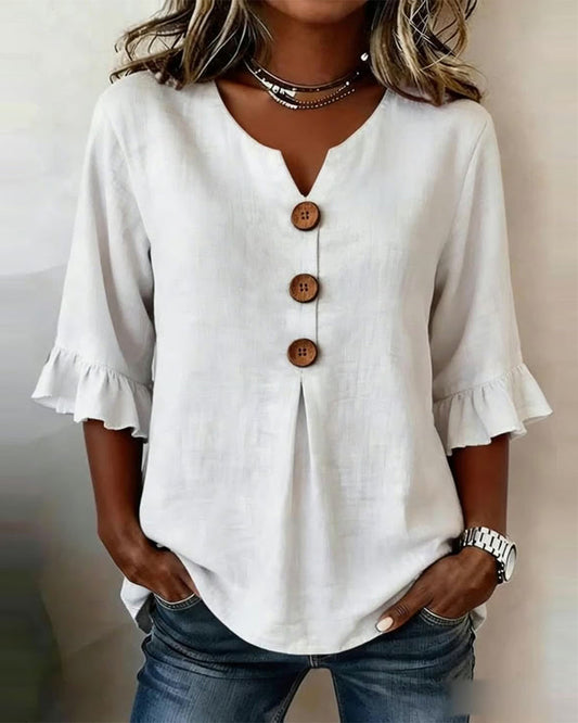 Sophia | Solid-Colour Cotton-Linen Blouse with Wood Buttons and Ruffle Trim