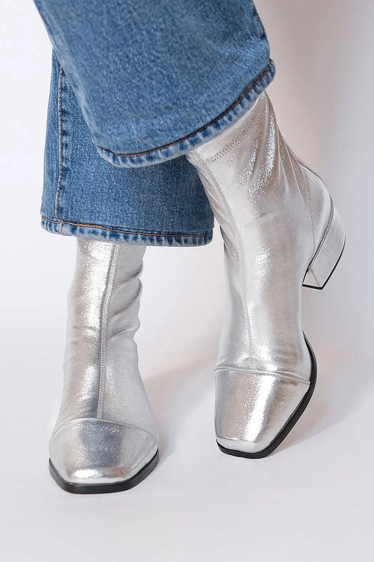 Metallic Silver Ankle Boots with Square Toe and Low Long Heel