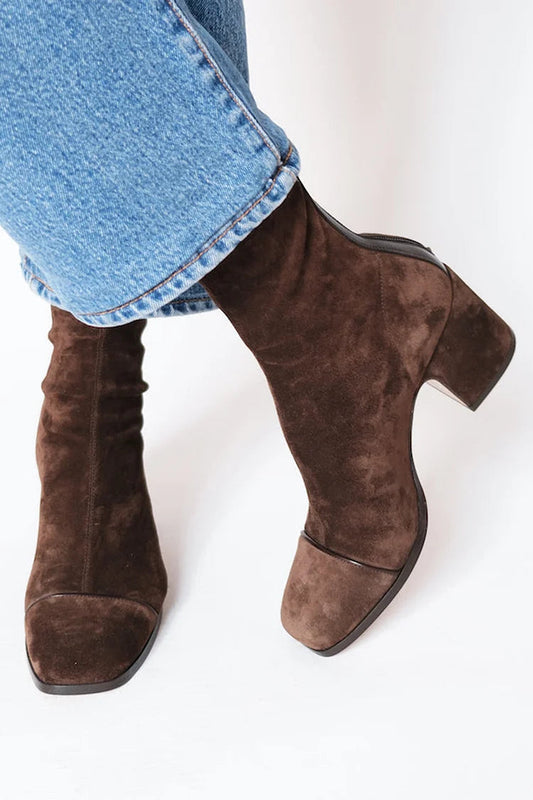 Dark Brown Suede Boots with Tall Heel and Square Toe