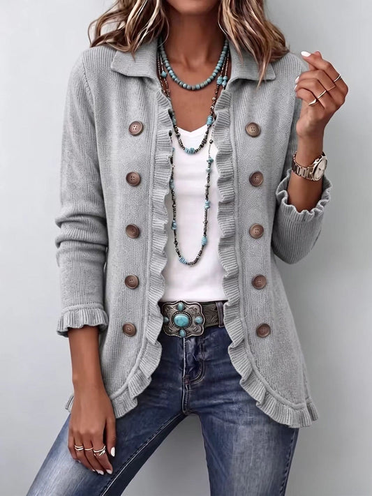Théodora | Ribbed Knit Jacket in Grey Marl with Ruffle Trim