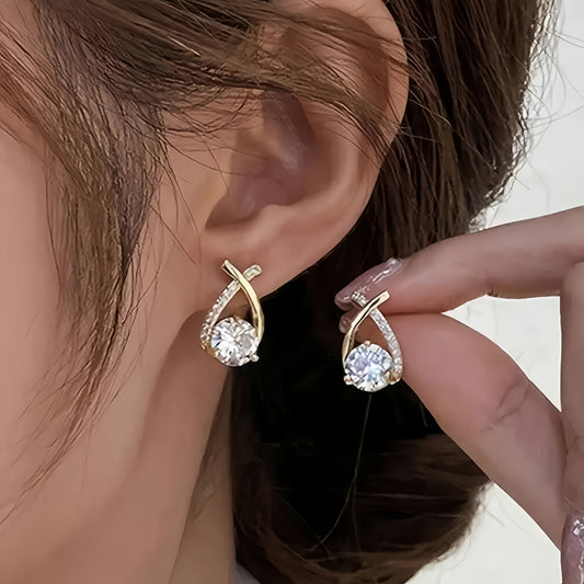 Gold Cross Stud Earrings with Zircons