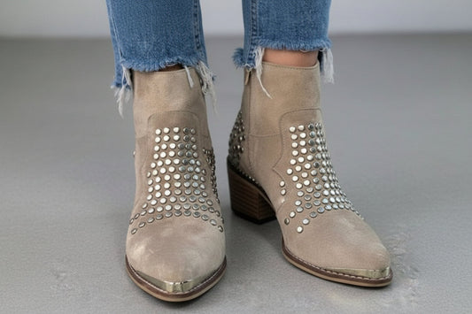 Grey Suede-Effect Ankle Boots with Studs, Pointed Toe and Chunky Heel