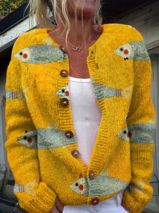 Maddalena | Vintage Fish Print Knit Cardigan