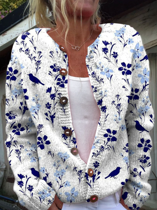 Loretta | Vintage Buttoned Floral and Bird Print Cardigan