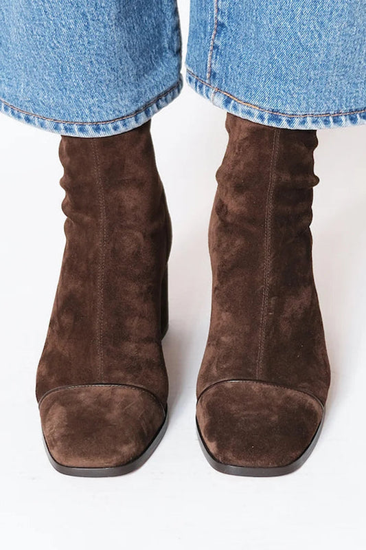 Dark Brown Suede Boots with Tall Heel and Square Toe