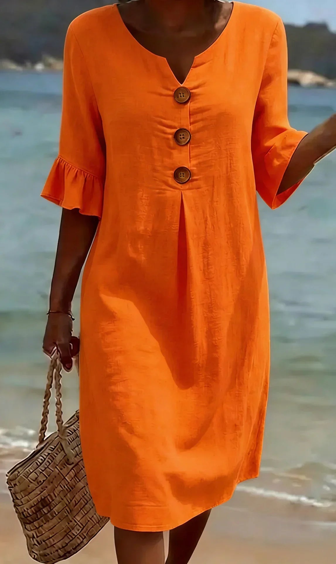 Vanesa | Linen Dress with Puffy Sleeves and Buttons