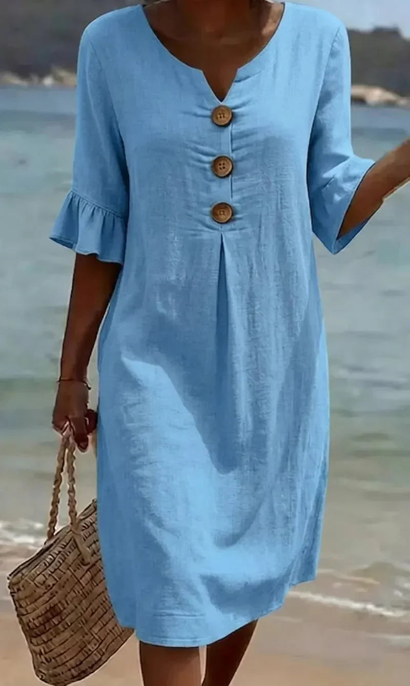Vanesa | Linen Dress with Puffy Sleeves and Buttons