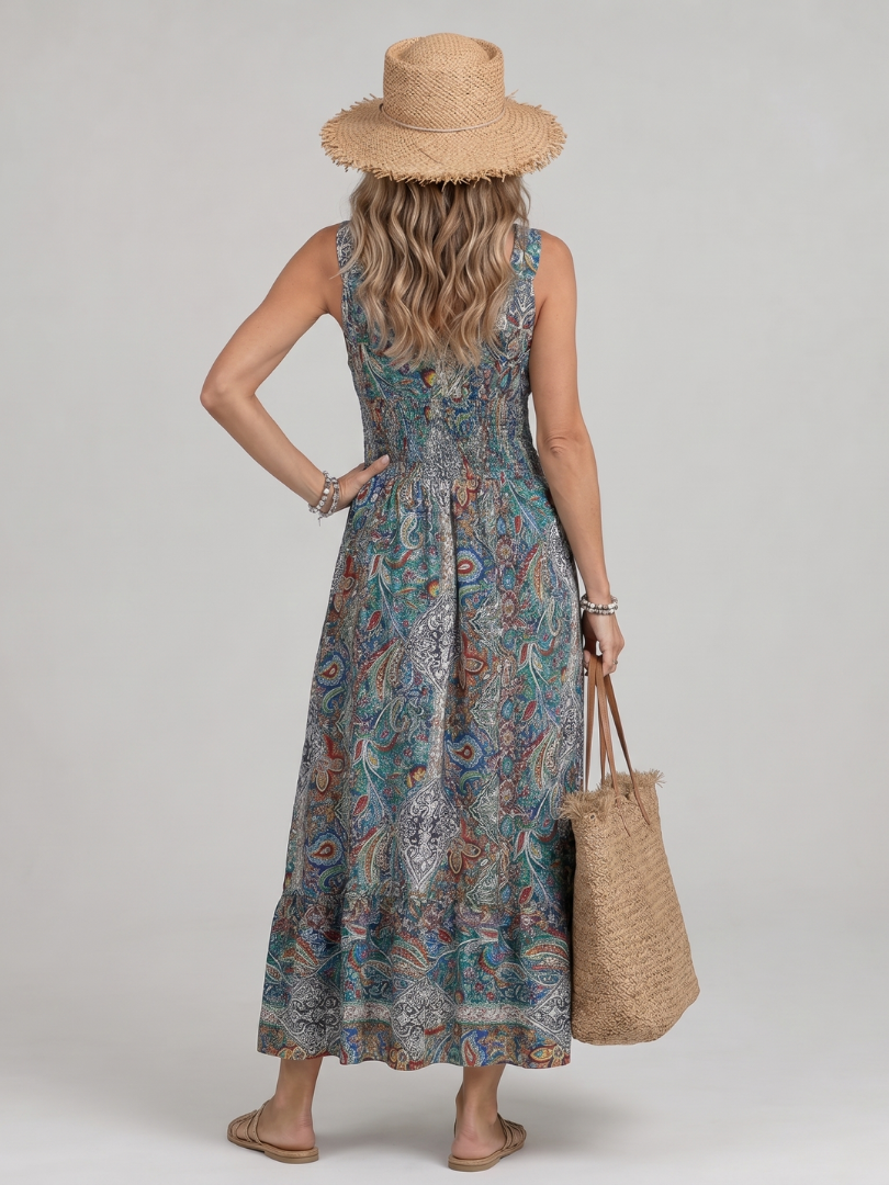 Marisela | Sleeveless Midi Dress with Paisley Print