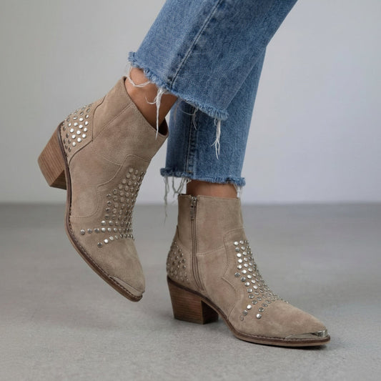 Grey Suede-Effect Ankle Boots with Studs, Pointed Toe and Chunky Heel