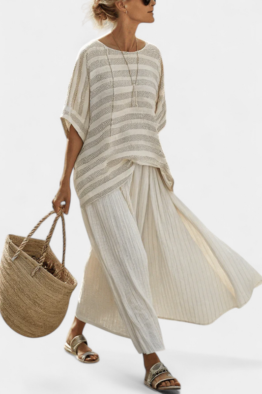 Graziella | Striped Bamboo Top and Flowy Linen Trousers Set