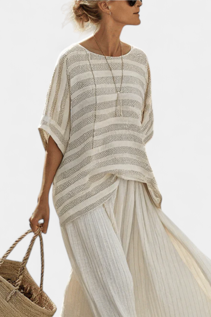 Graziella | Striped Bamboo Top and Flowy Linen Trousers Set
