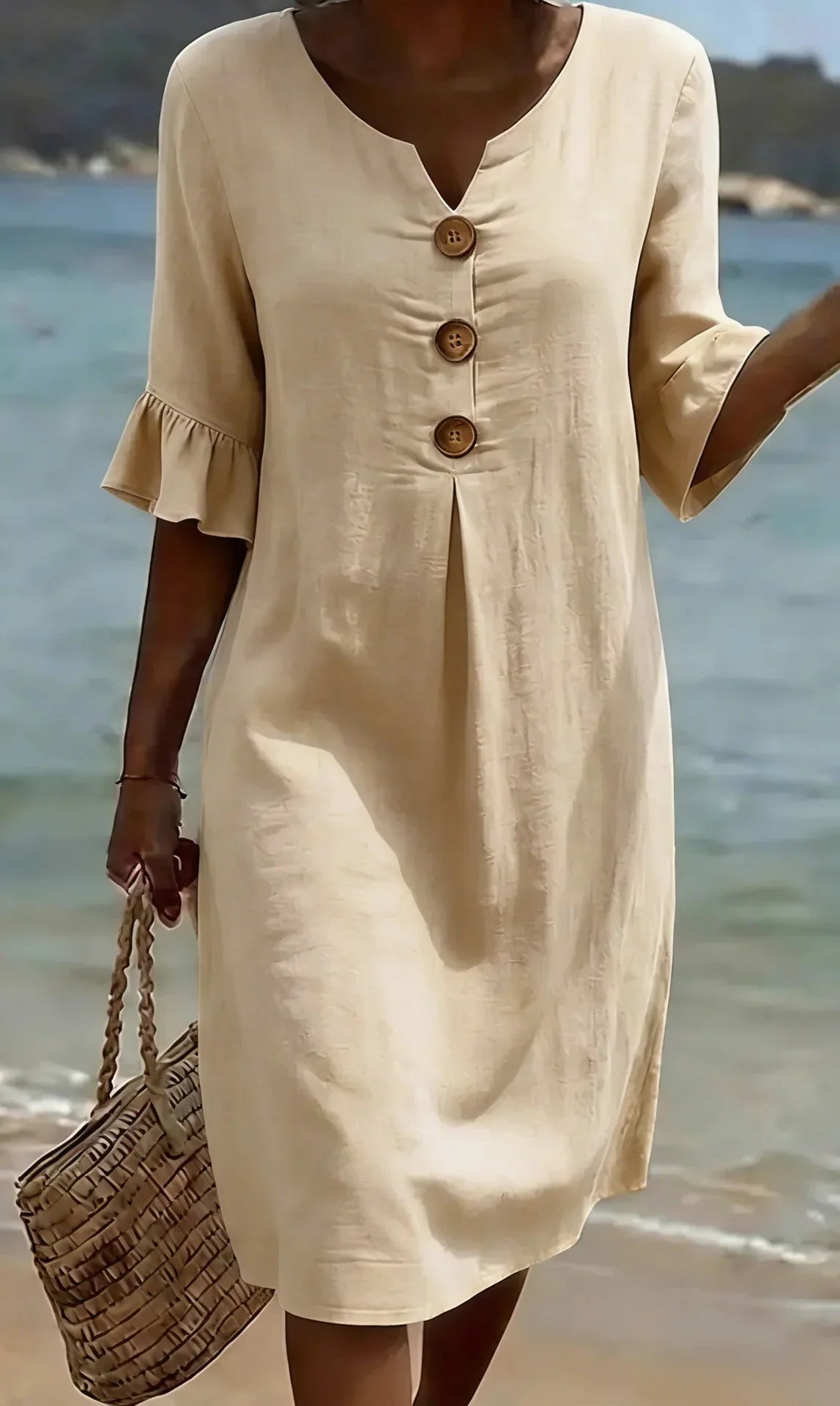 Vanesa | Linen Dress with Puffy Sleeves and Buttons