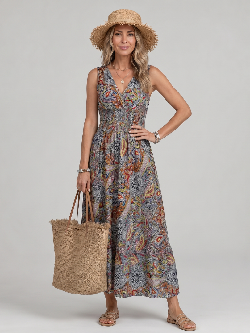 Marisela | Sleeveless Midi Dress with Paisley Print