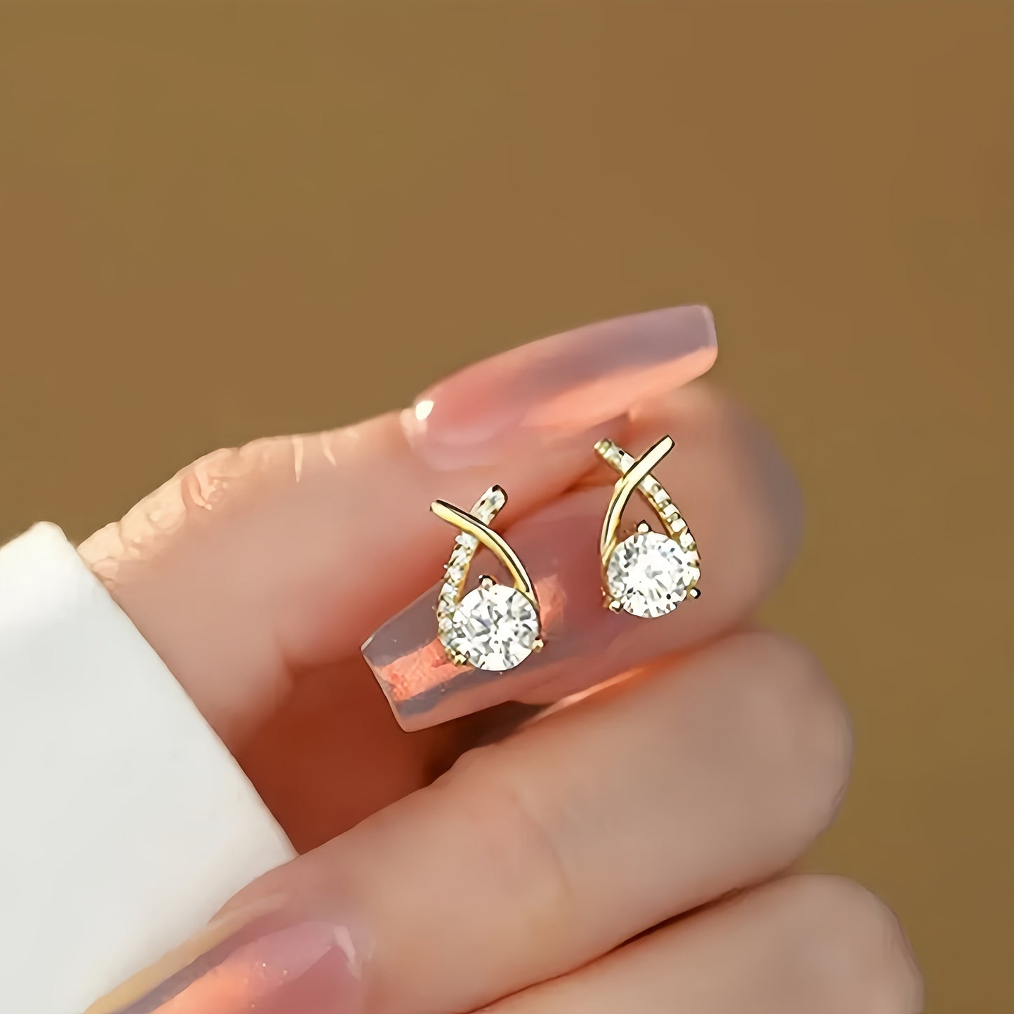 Gold Cross Stud Earrings with Zircons
