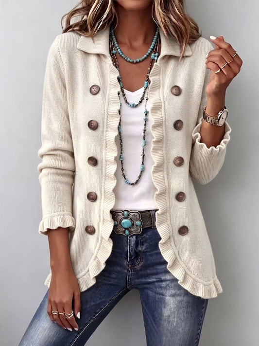 Victoire | Ribbed Knit Jacket in Ivory with Ruffle Trim