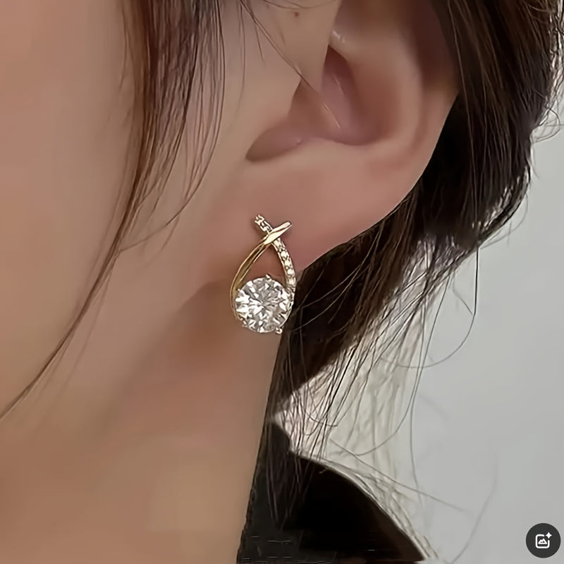 Gold Cross Stud Earrings with Zircons
