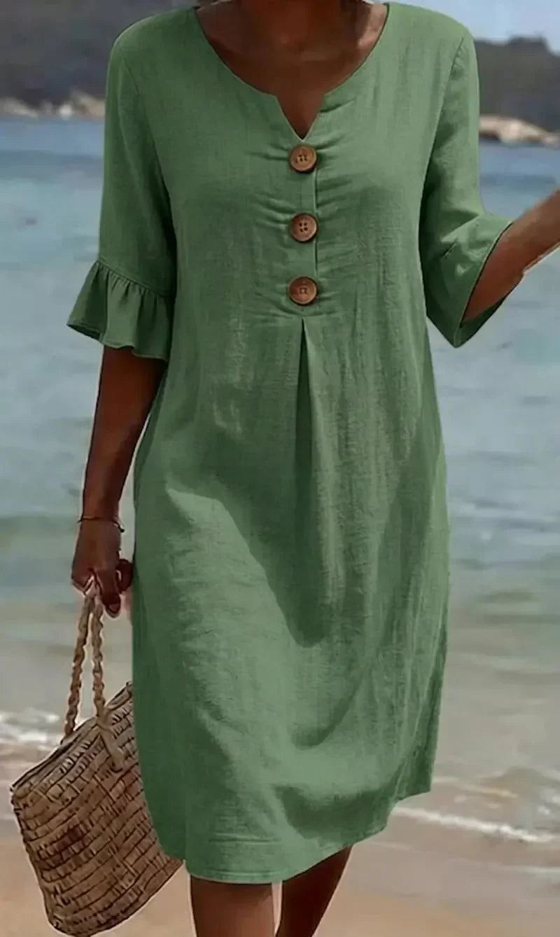 Vanesa | Linen Dress with Puffy Sleeves and Buttons