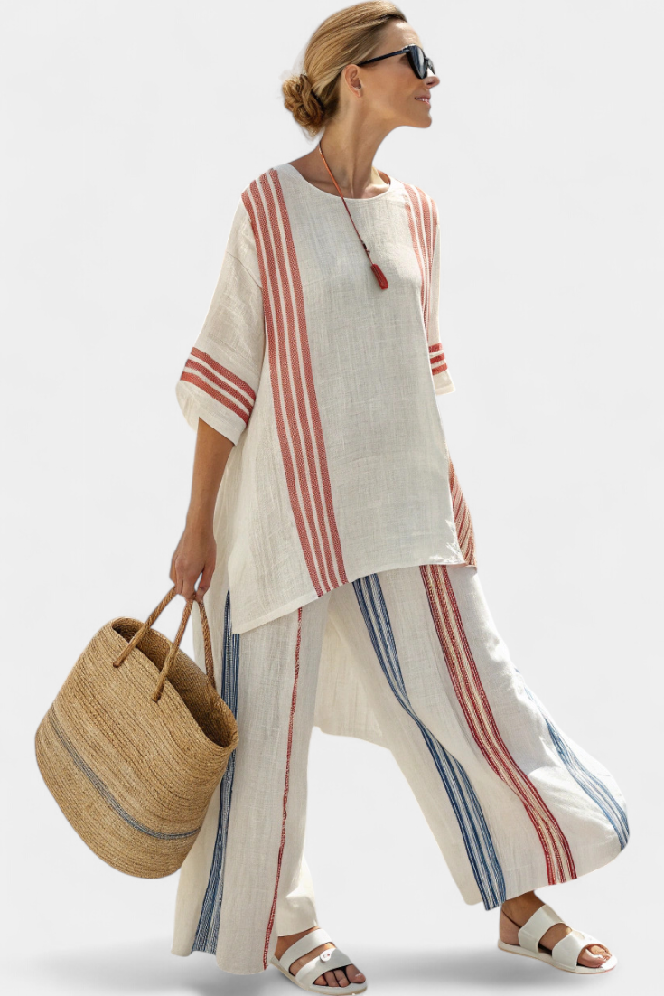 Ludovica | Sophisticated Multicolour Striped Blouse and Mediterranean Trousers Set