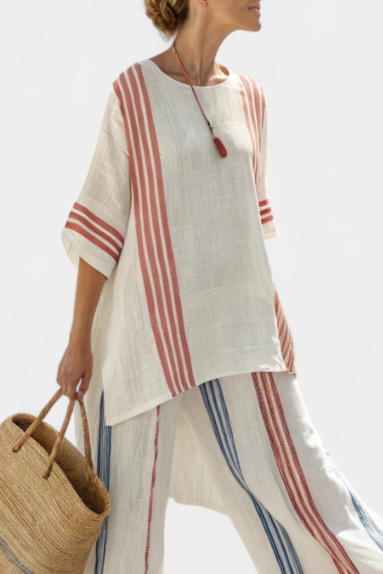 Ludovica | Sophisticated Multicolour Striped Blouse and Mediterranean Trousers Set