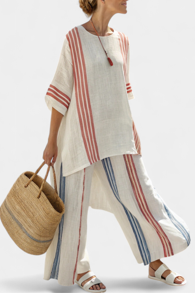 Ludovica | Sophisticated Multicolour Striped Blouse and Mediterranean Trousers Set