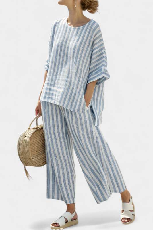 Federica | Sophisticated Blue Striped Linen Top and Relaxed Trousers Set