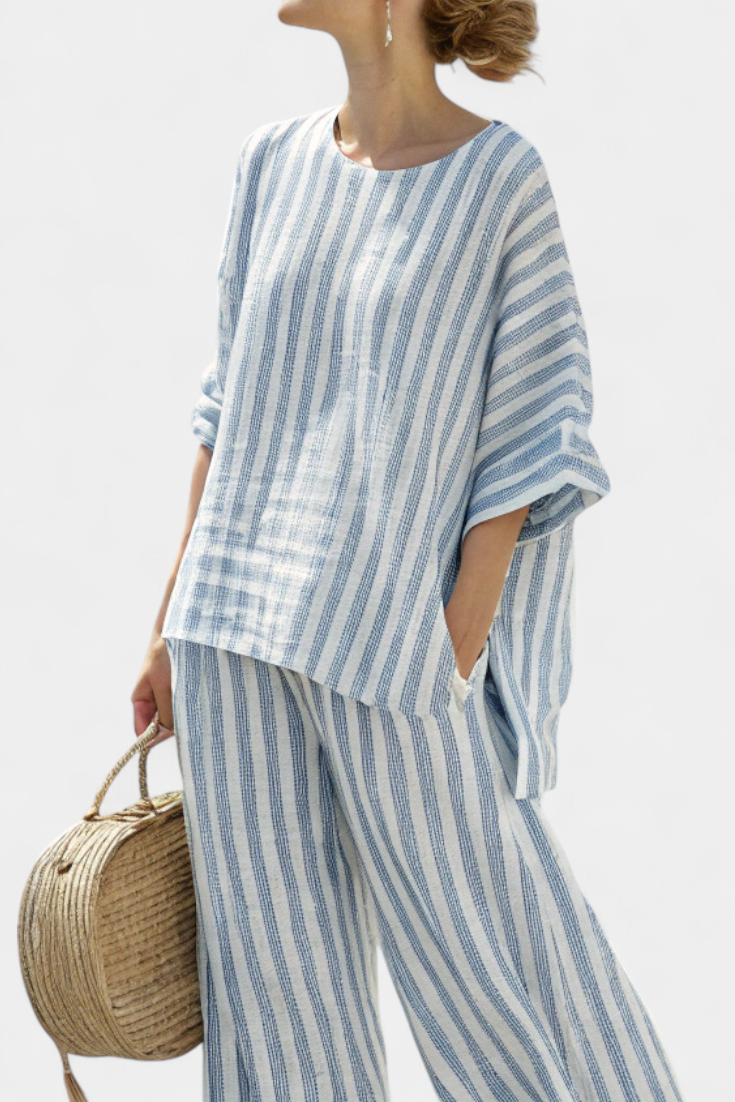 Federica | Sophisticated Blue Striped Linen Top and Relaxed Trousers Set