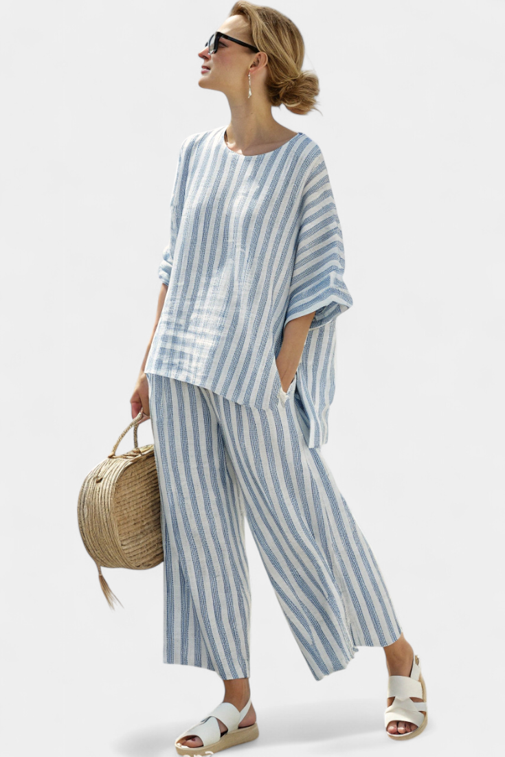 Federica | Sophisticated Blue Striped Linen Top and Relaxed Trousers Set