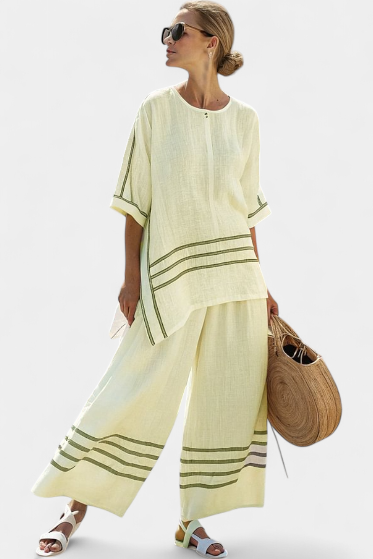 Vittorina | Sophisticated Asymmetric Striped Top and Bold Trousers Set