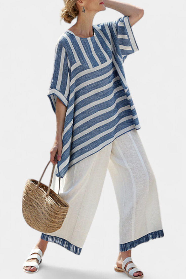 Ornella | Sophisticated Blue Striped Top and Hem-Detail Trousers Set