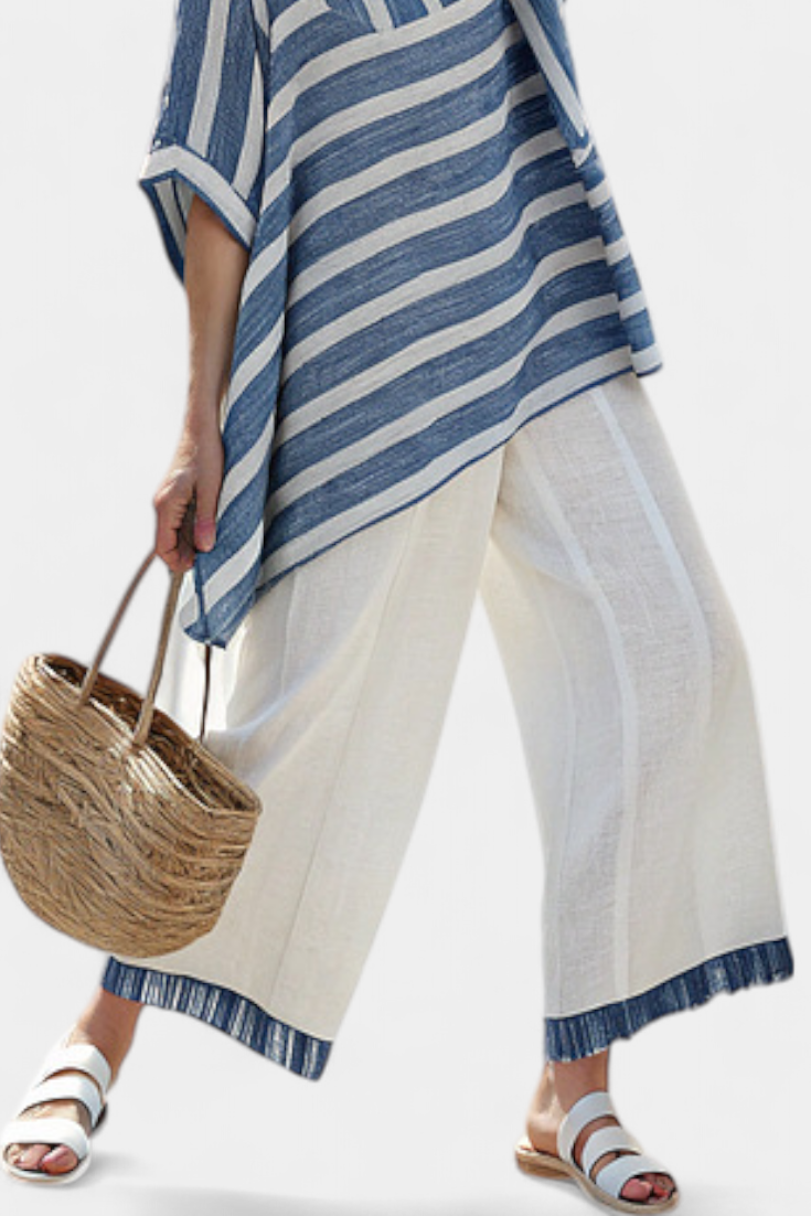 Ornella | Sophisticated Blue Striped Top and Hem-Detail Trousers Set
