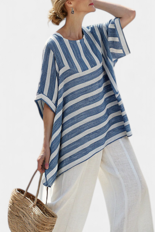Ornella | Sophisticated Blue Striped Top and Hem-Detail Trousers Set