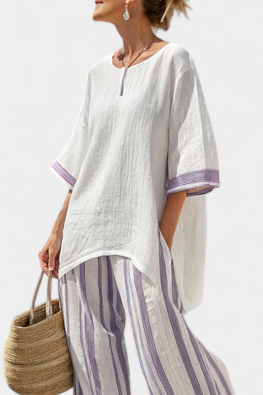 Allegra | Relaxed Blouse and Striped Bamboo Trousers Set
