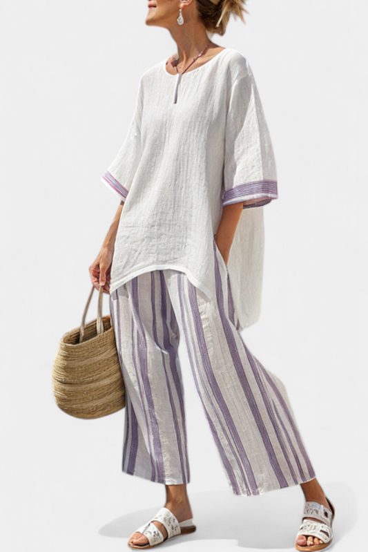 Allegra | Relaxed Blouse and Striped Bamboo Trousers Set