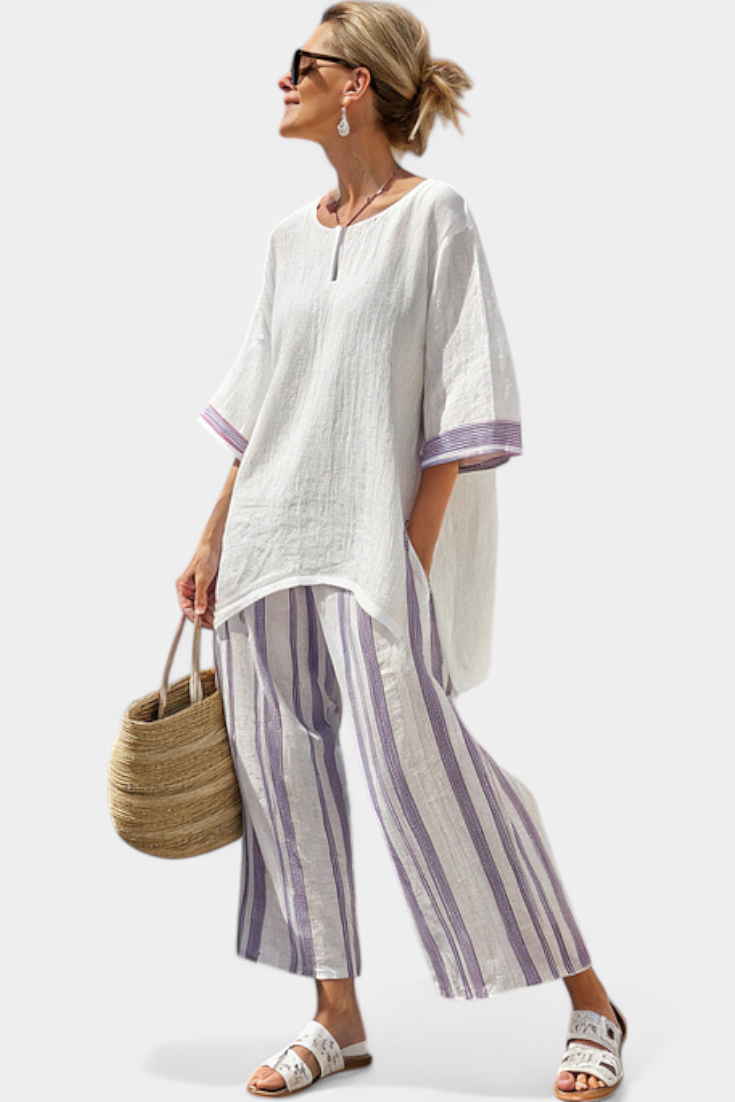 Allegra | Relaxed Blouse and Striped Bamboo Trousers Set